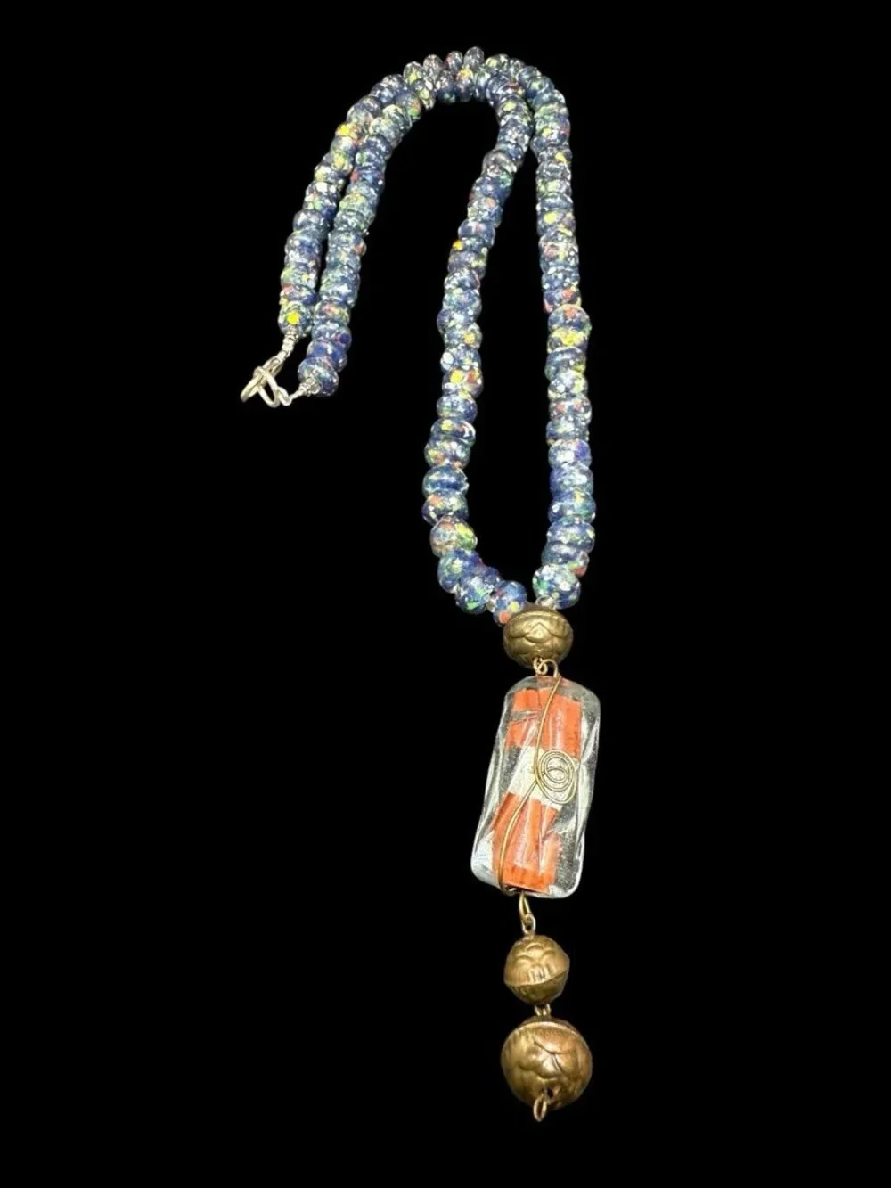 Vintage Venetian Murano Blue Art Glass Floral Wedding Cake Beads Necklace 32”